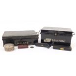 Objects including two military interest metal tins, silver coloured metal jewel casket and a