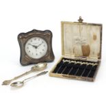 Silver and silver plated objects including an Art Nouveau style silver desk clock and set of