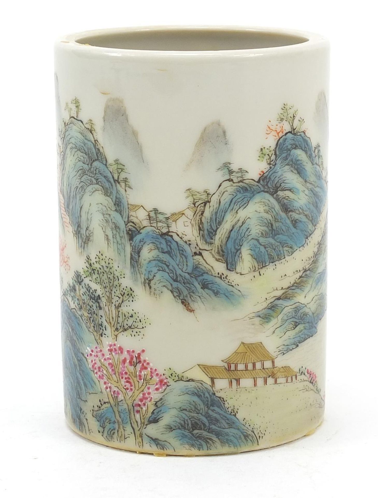 Chinese porcelain brush pot finely hand painted in the famille rose palette with a river - Image 2 of 8