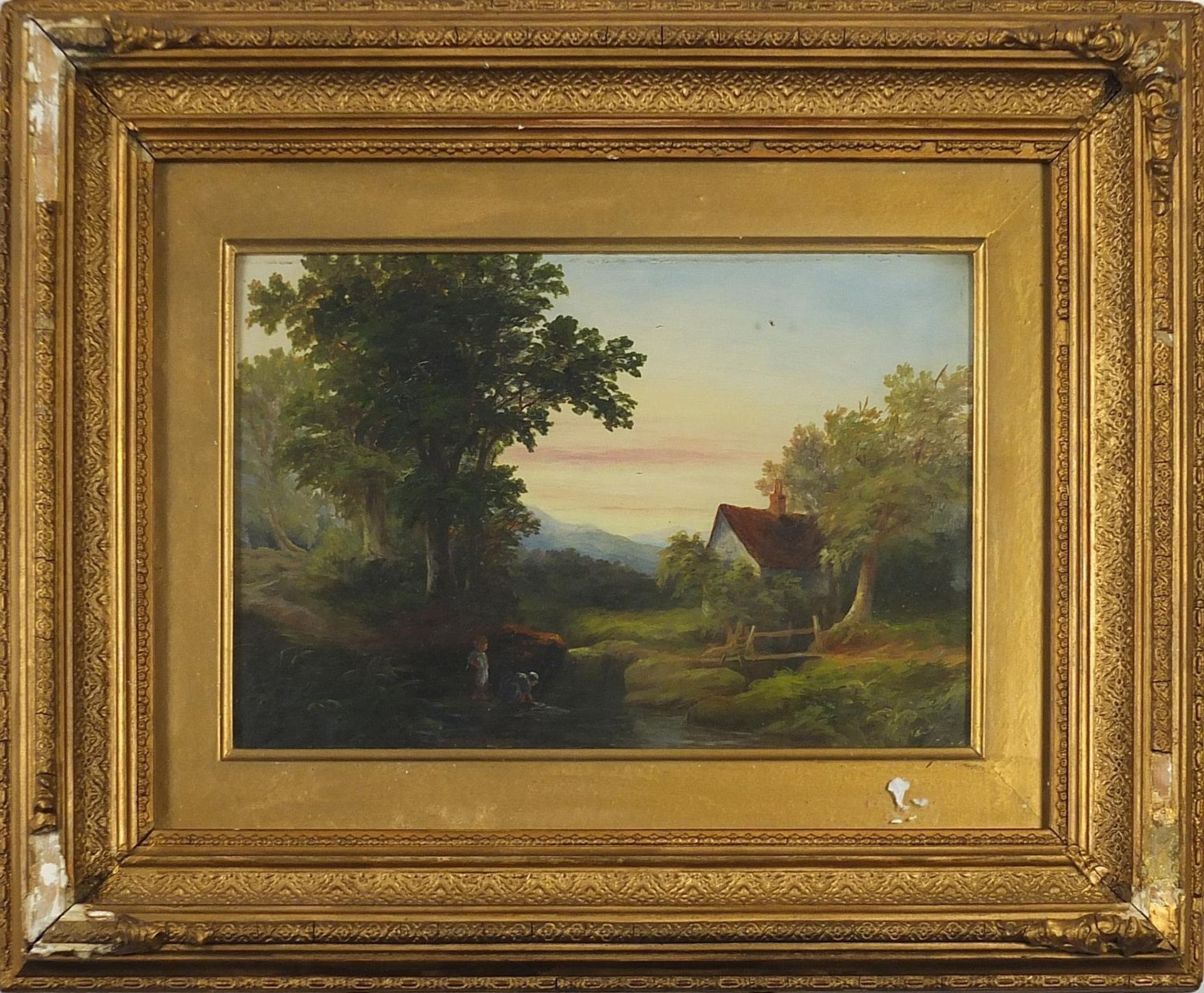 Figures beside water before a cottage, Victorian oil, mounted, framed and glazed, 28.5cm x 18.5cm - Image 2 of 3
