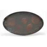 Newlyn, Arts & Crafts copper gallery serving tray embossed with stylised fish, impressed Newlyn,