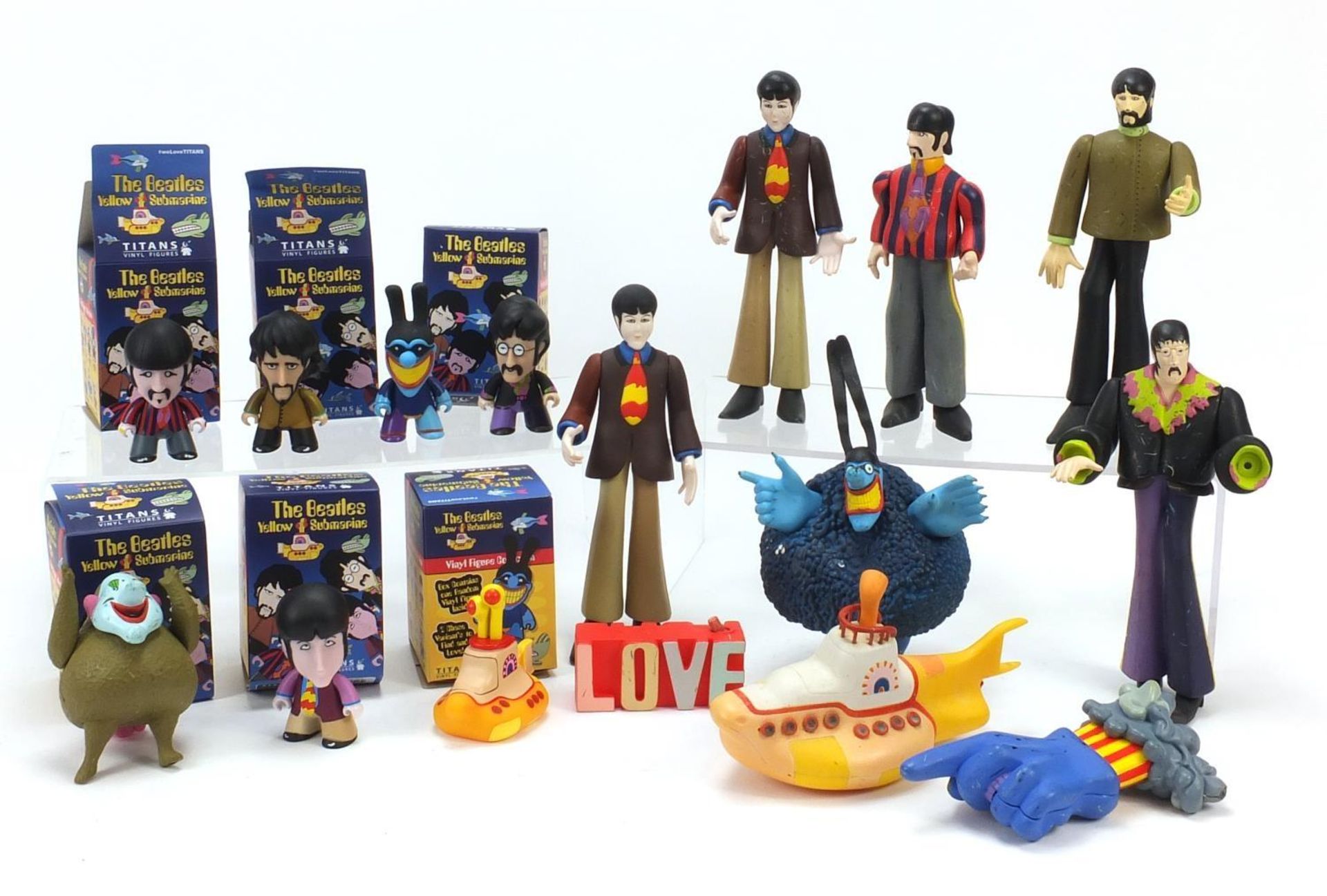 Vintage and later Beatles toys including Subafilms Action figures and Titans vinyl figures, the