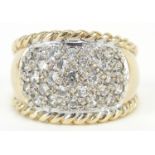 Large 9ct gold clear stone cluster ring with rope twist design band, size U, 10.0g