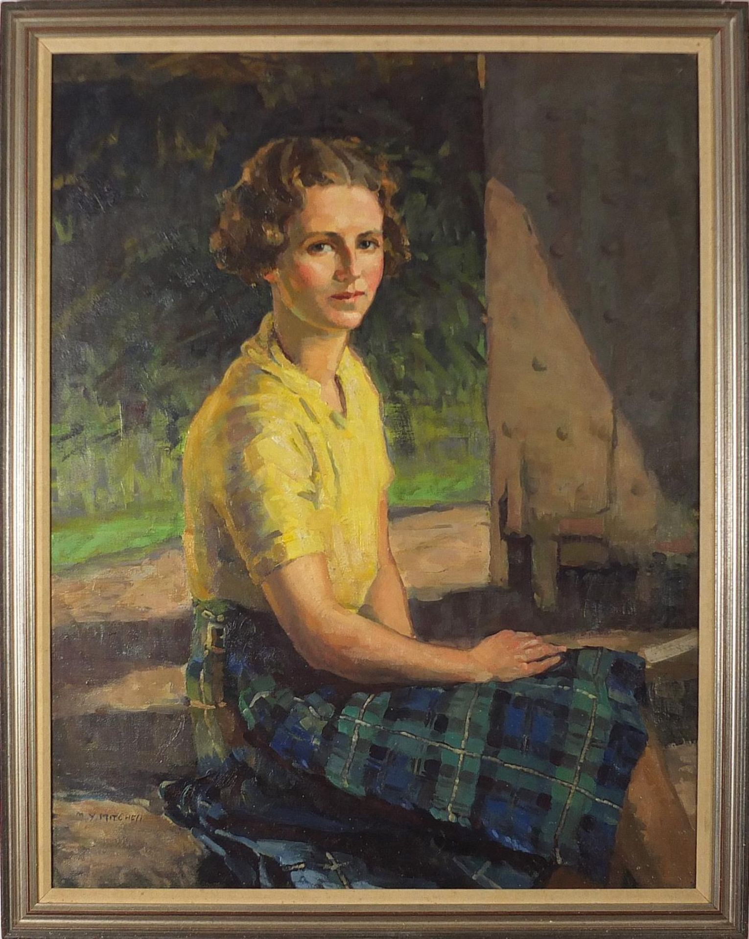 Madge Y Mitchell - Portrait of a seated girl in a kilt, signed oil on canvas, mounted and framed, - Image 2 of 4