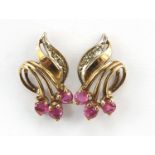 Pair of 9ct gold diamond and ruby stud earrings, 16mm high, 1.5g