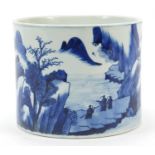 Chinese blue and white porcelain brush pot hand painted with panels of figures in river