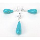 Silver turquoise design and clear stone pendant with matching drop earrings, the pendant 5cm high,