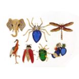 Seven jewelled and enamel animal and insect brooches including dragonfly, shield bug, spider and