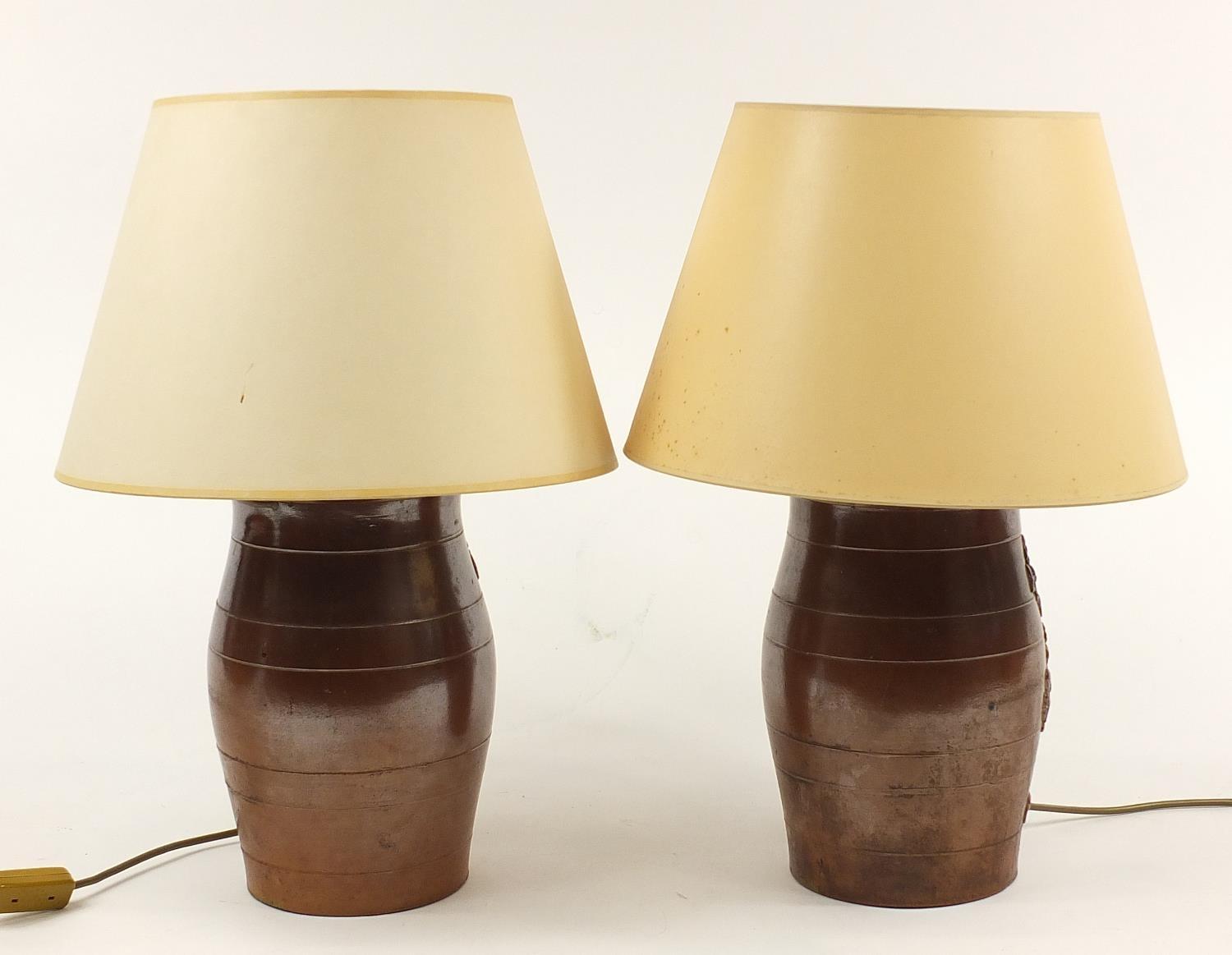 Pair of salt glaze barrel design table lamps with shades, overall 53cm high - Image 3 of 4