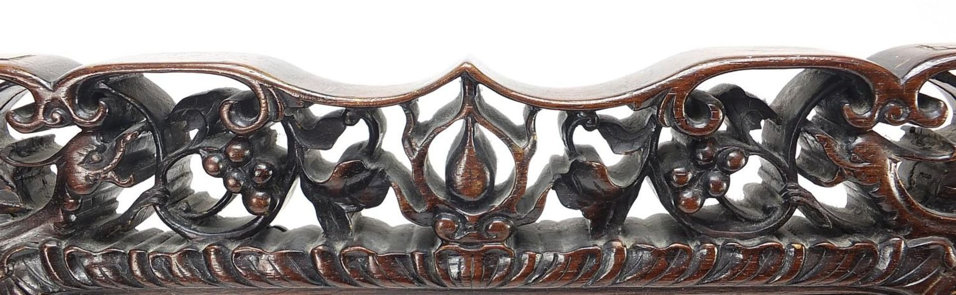 Chinese hardwood easel toilet mirror carved with bats, rats and mythical animals amongst berries and - Image 5 of 6