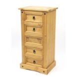 Mexican pine pedestal five drawer chest with iron handles, 104cm H x 53cm W x 40cm D