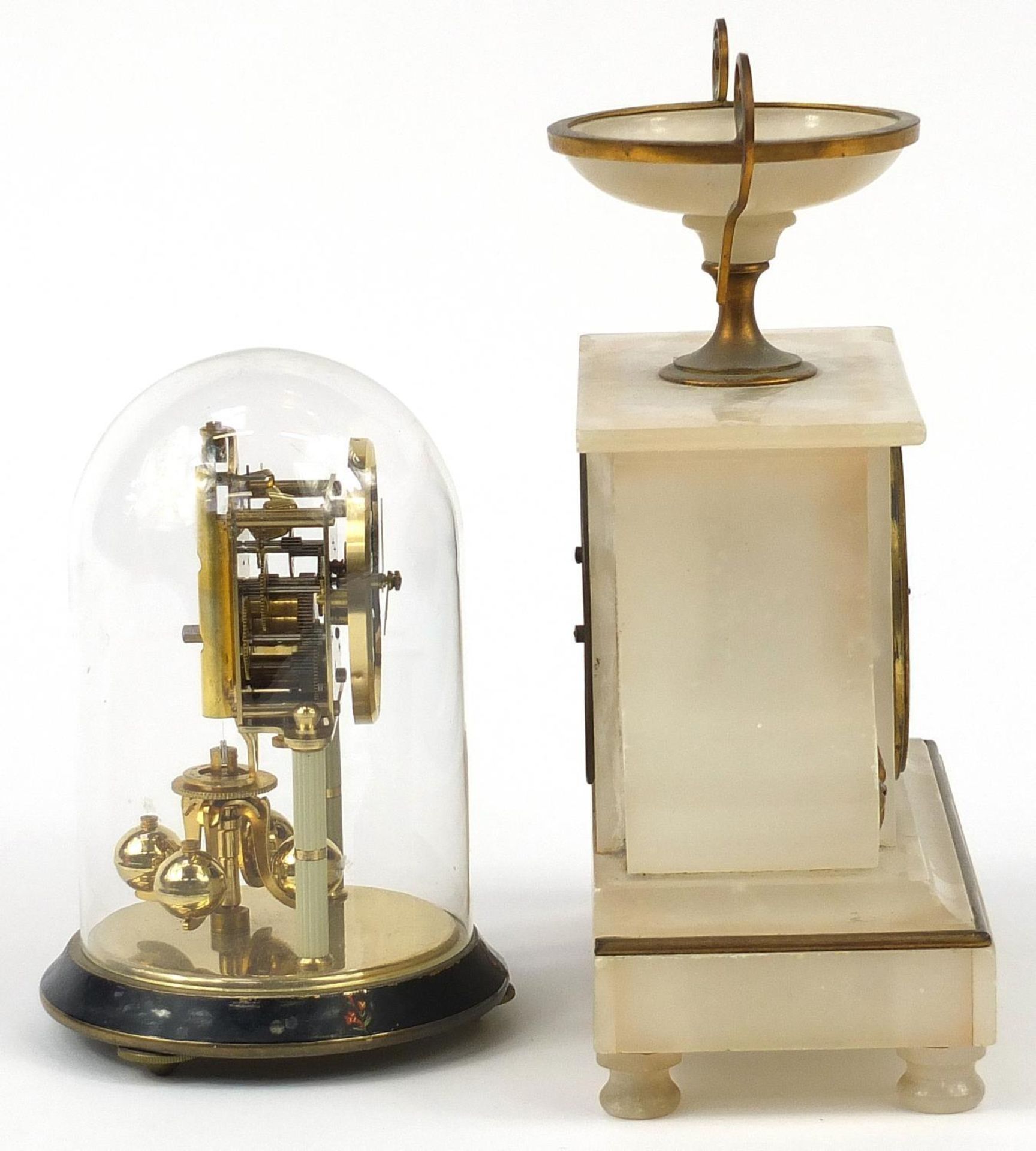 German brass anniversary clock and alabaster mantle clock with enamel dial, the largest 25.5cm high - Image 4 of 6
