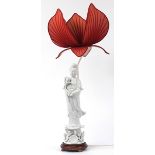 Chinese porcelain blanc de chine Guan Ying table lamp raised on a hardwood stand with lotus leaf
