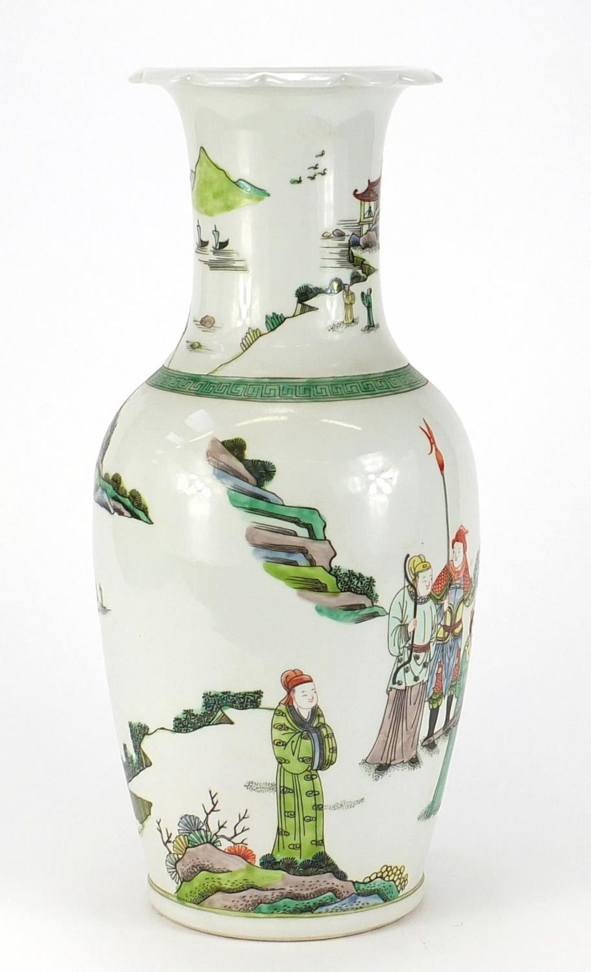 Chinese porcelain vase hand painted in the famille verte palette with figures in a landscape, six - Image 4 of 8