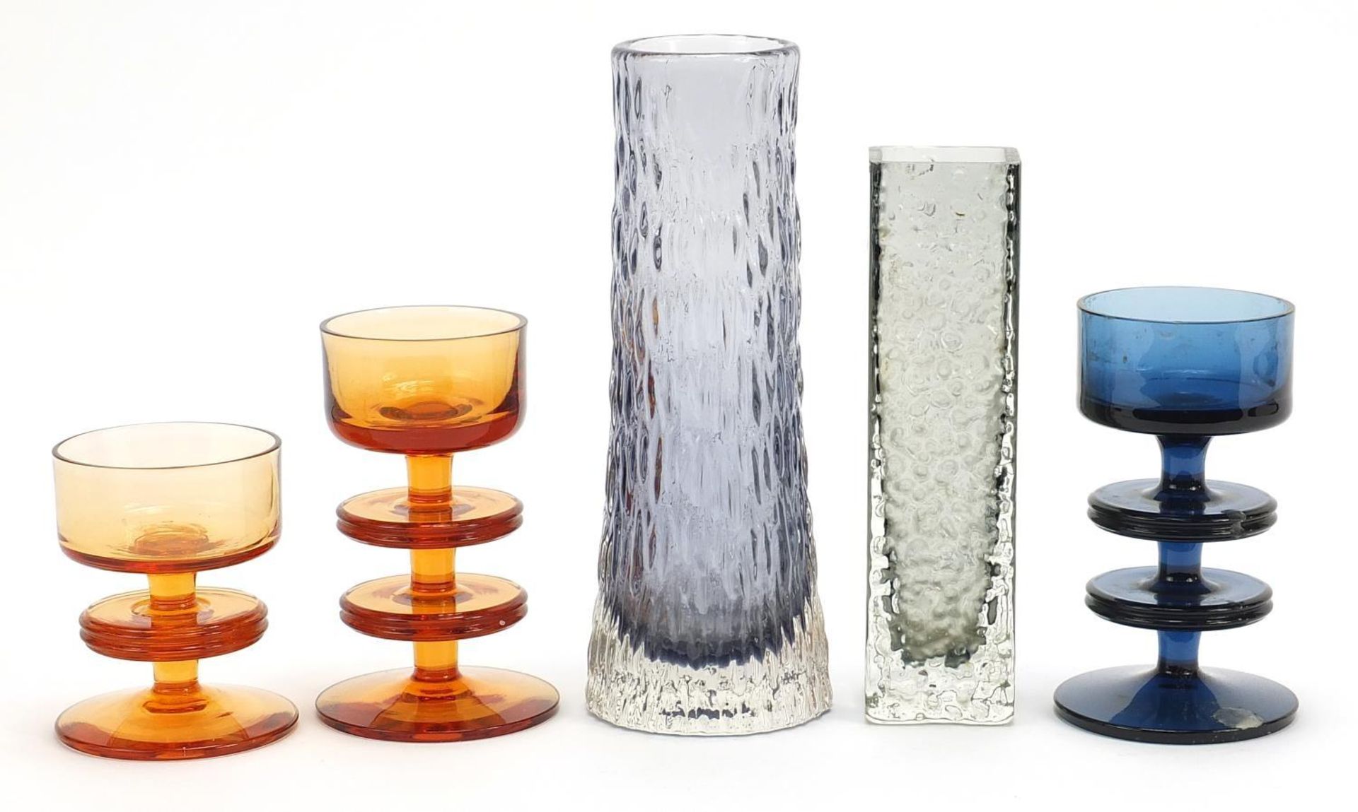 Art glassware comprising two Whitefriars vases and three Wedgwood candle holders designed by - Image 2 of 4