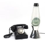 1970's Crest Worth lava lamp and a black Bakelite dial telephone, the largest 42.5cm high