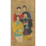 Chinese ancestral watercolour wall hanging scroll painting depecting a family, 170cm x 96cm