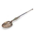Gourdel Vales & Co, Arts & Crafts silver and enamel anointing spoon, Birmingham 1901, 23cm in