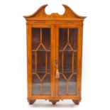Reprodux yew wood wall hanging display case with adjustable glass shelves, 113cm H x 60cm W x 20.5cm