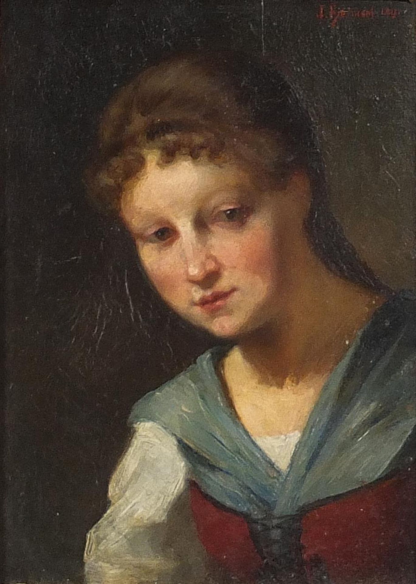 J Bernard - Portrait of a young woman, 19th century Continental school oil on wood panel, mounted