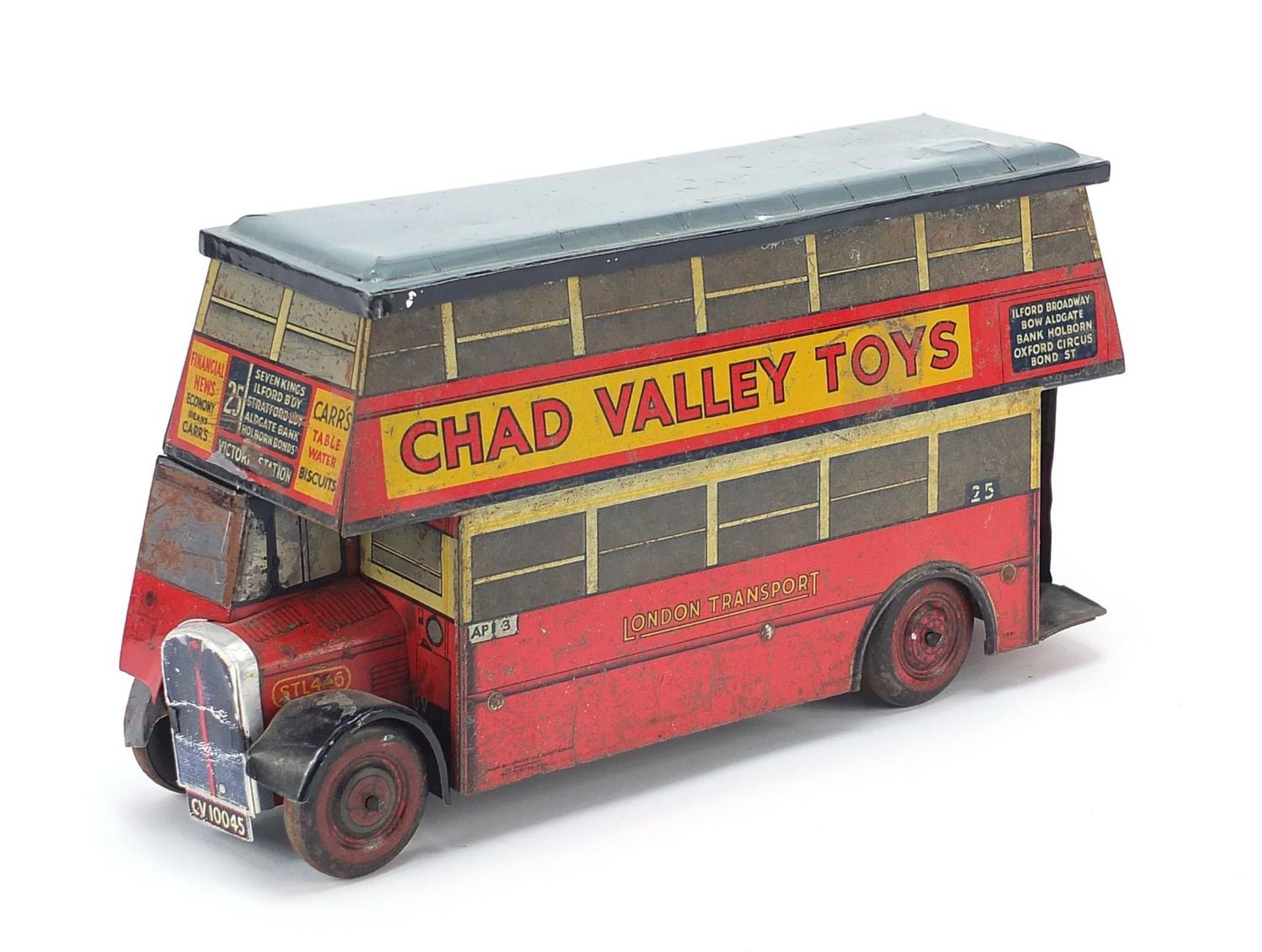 Vintage Chad Valley Toys tinplate London Transport bus biscuit tin advertising Carr's biscuits, 25cm