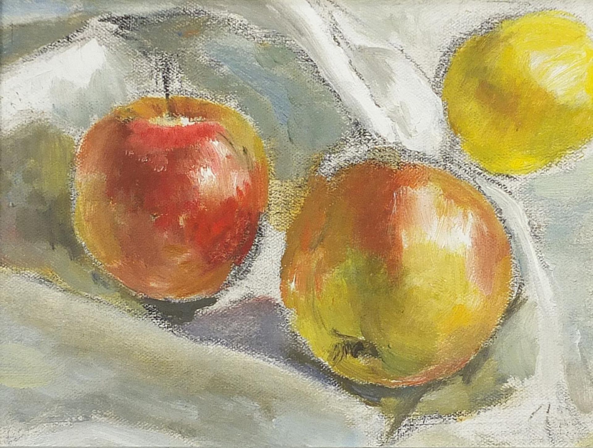 Still life apples, Impressionist oil on board, mounted and framed, 19cm x 14cm excluding the mount