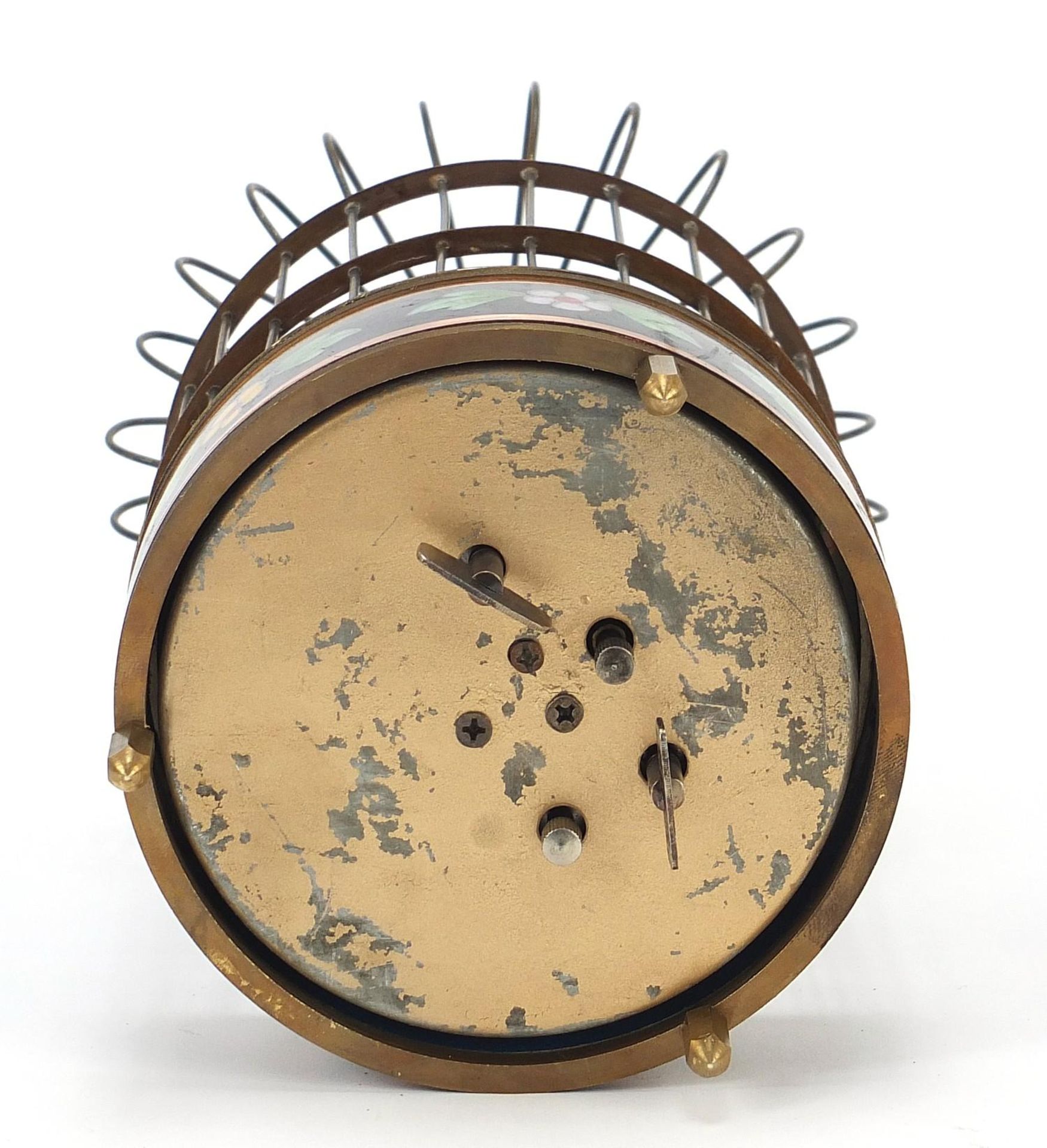 Brass clockwork automaton bird cage alarm clock with cloisonné band, 19.5cm high - Image 4 of 4