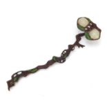 Chinese patinated bronze ruyi sceptre with jade panels, 26cm in length