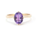 9ct gold amethyst solitaire ring, size L, 1.4g