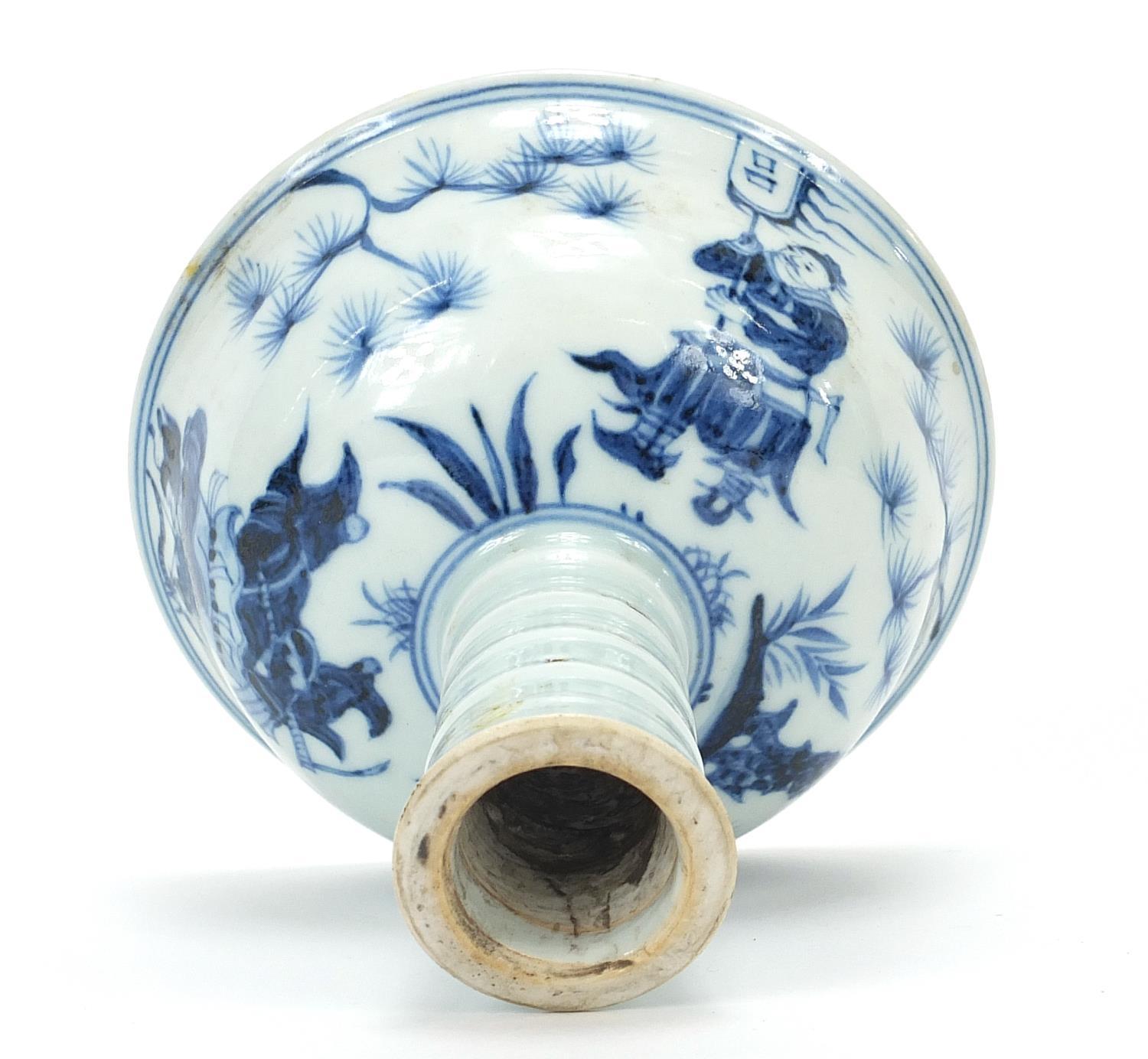 Chinese blue and white porcelain stem bowl hand painted with warriors, 11cm high x 12.5cm in - Image 6 of 7