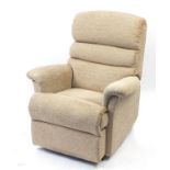 Beige upholstered electric rise and recline armchair, 102cm high