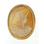 Large well detailed gladiator cameo brooch with 9ct gold mount, 7cm high, 27.4g