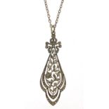 Antique design silver and paste pendant on a silver necklace, the pendant 5cm high, total 7.0g