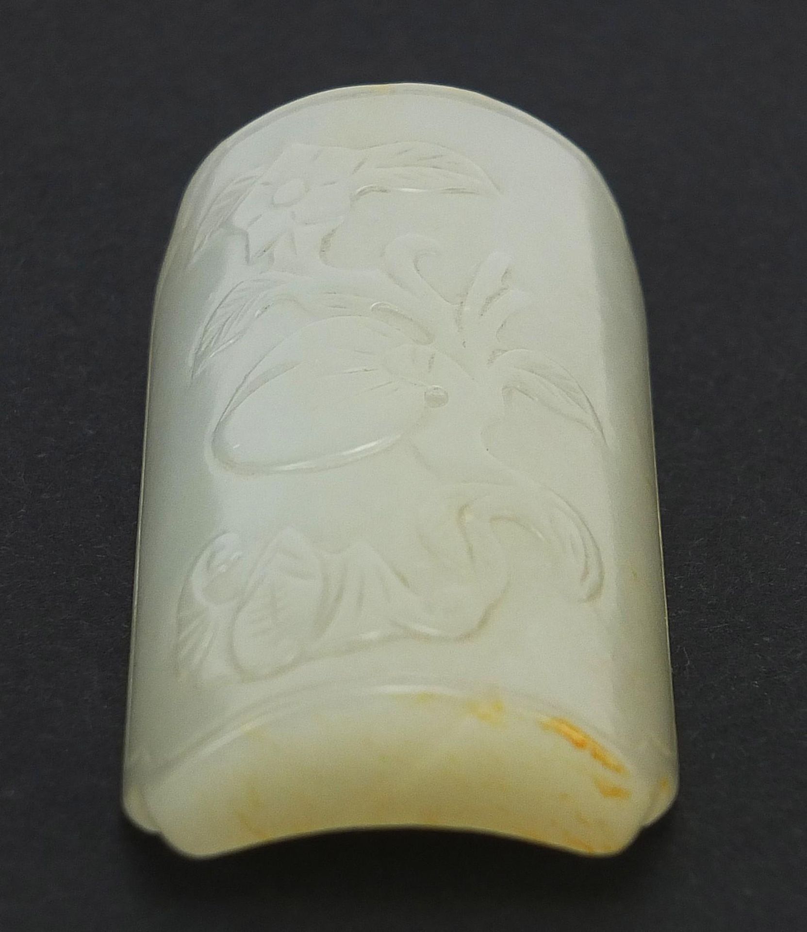 Chinese pale green jade scholar's wrist rest carved with a bat and peach, 6cm wide - Image 3 of 6