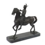 Large patinated bronze Native American on horseback raised on a rectangular marble base, 50cm high
