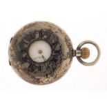 Gentlemen's silver half hunter pocket watch with enamel dial, 49mm in diameter