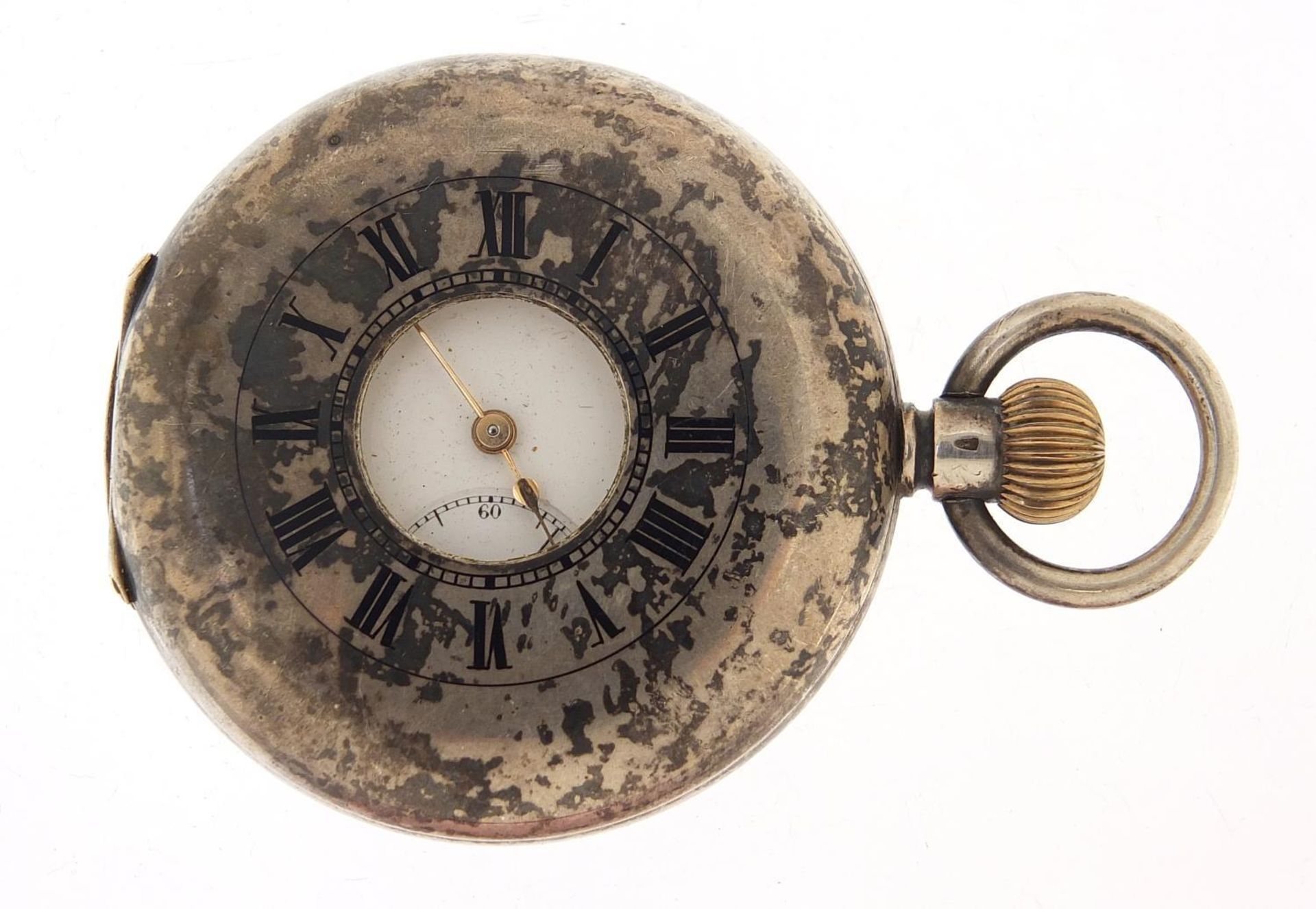 Gentlemen's silver half hunter pocket watch with enamel dial, 49mm in diameter