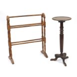 Victorian mahogany tripod wine table with fluted column and a pine clothes horse, the largest 72cm
