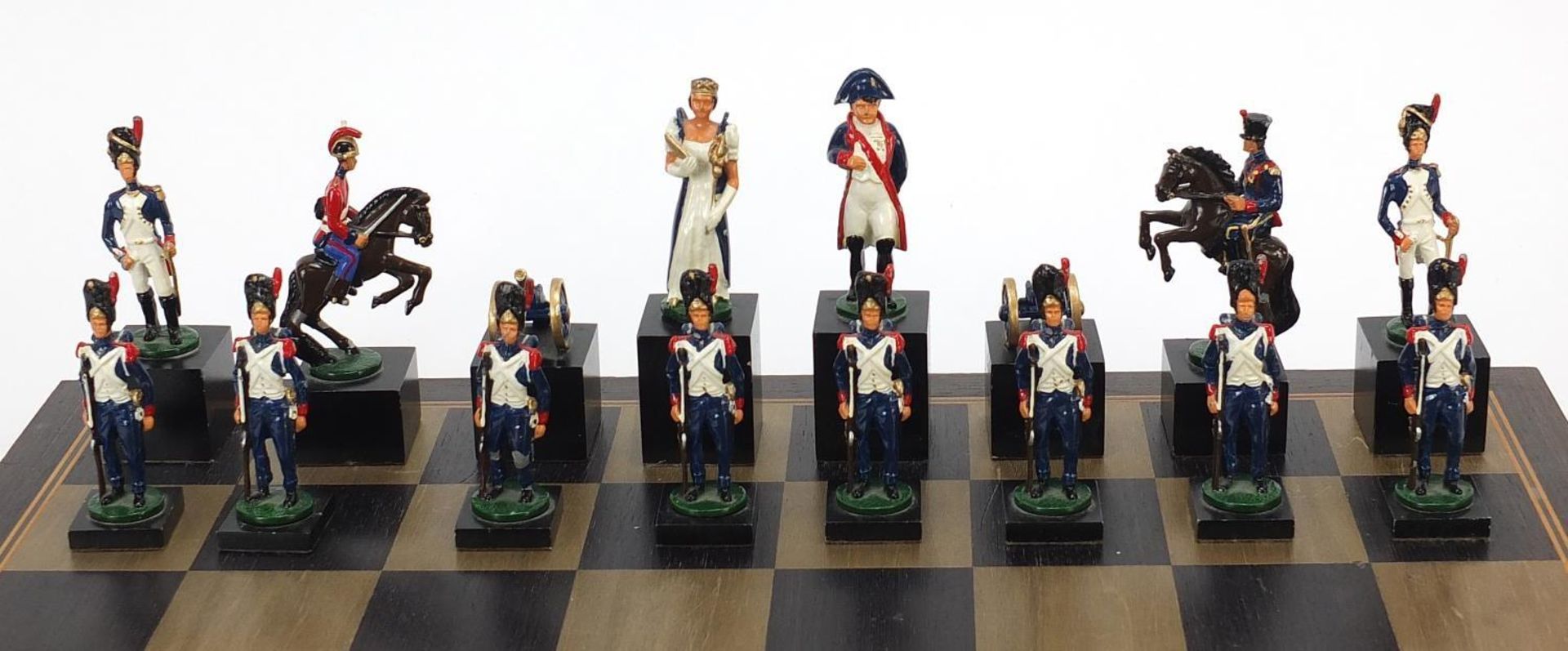 Hand painted metal Waterloo chess set with board, the largest pieces each 11cm high, the board - Image 3 of 7