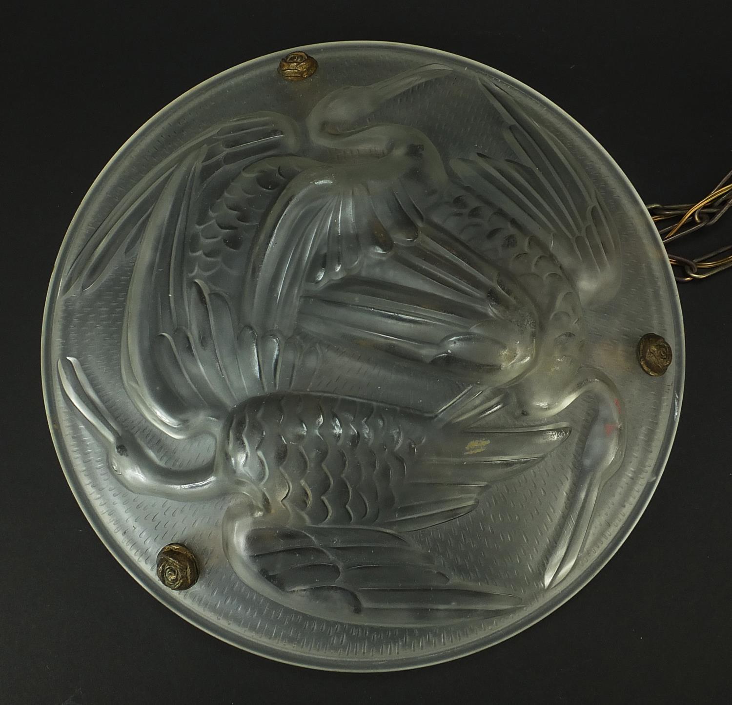 French Art Deco frosted glass plafonnier mounted with three stylised storks, 35cm in diameter - Image 7 of 8
