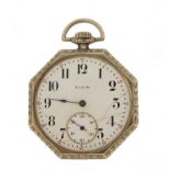 Elgin, vintage octagonal open face pocket watch with subsidiary dial, 43mm wide