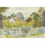 Figure before a church, Westham, Pevensey, watercolour, bearing an indistinct signature, mounted,