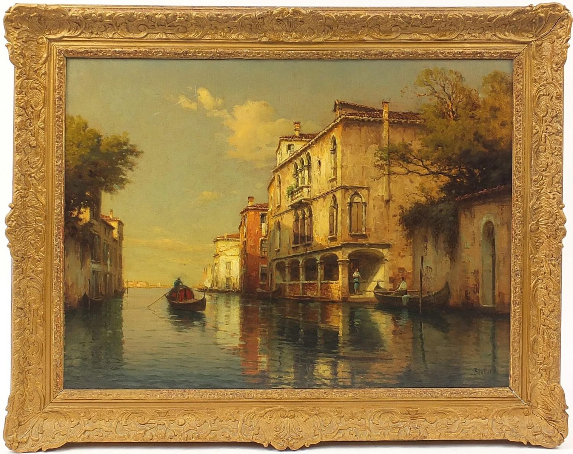 ** WITHDRAWN ** Antoine Bouvard - Gondola on Venetian backwater, French oil on canvas inscribed Kin - Bild 2 aus 5