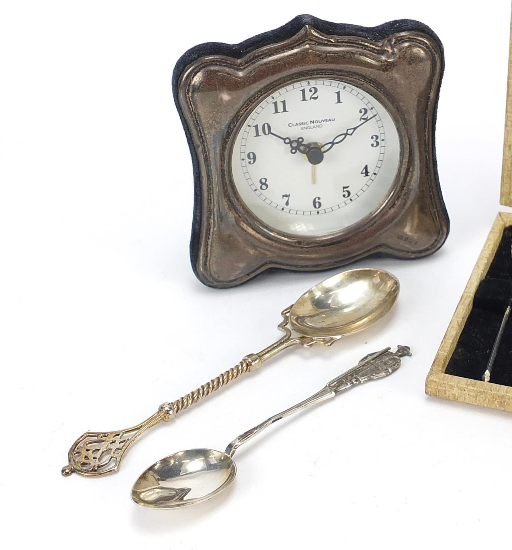 Silver and silver plated objects including an Art Nouveau style silver desk clock and set of - Image 2 of 4