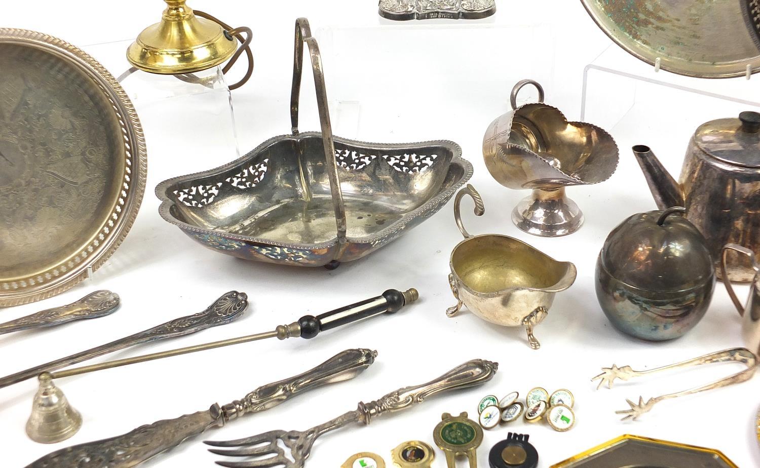 Metalware including silverplate, three branch candelabra and a pair of brass table lamps with shades - Image 5 of 10