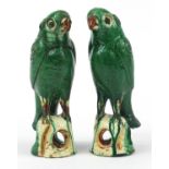 Pair of Chinese porcelain birds having a green sancai glazes, each 22cm high
