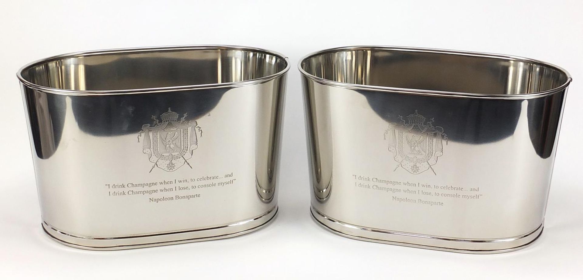 Large pair of Champagne ice buckets with Napoleon Bonaparte and Lily Bollinger mottos, each 26cm H x