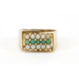 Unmarked gold seed pearl and turquoise three row ring, size Q, 5.9g