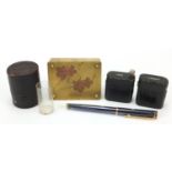 Objects including an Austrian brass triple stamp box, leather bound inkwell and Waterman's