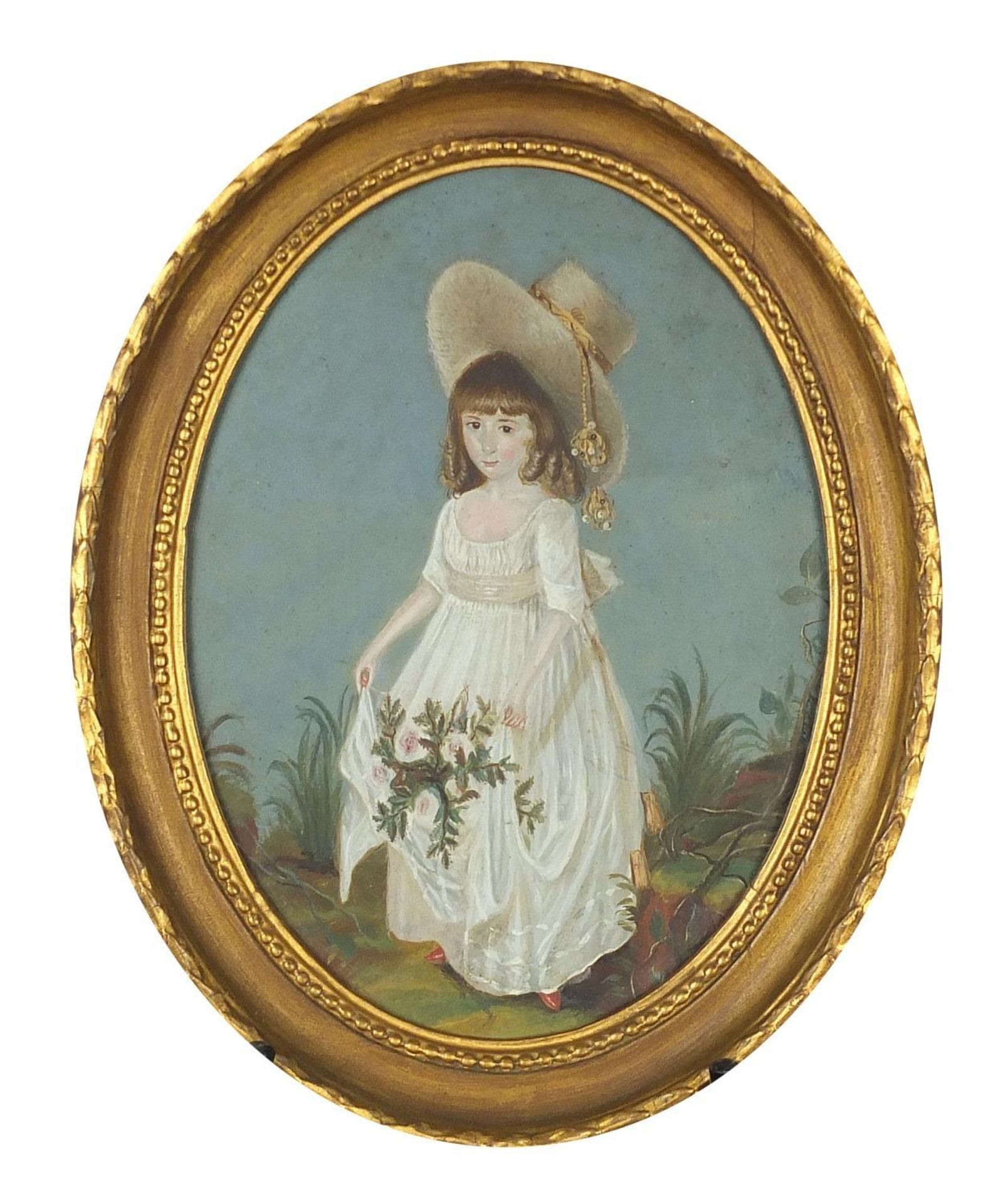 Portrait of a young female, Georgian oval mixed media, inscribed oil painting on metal verso, framed - Image 2 of 4